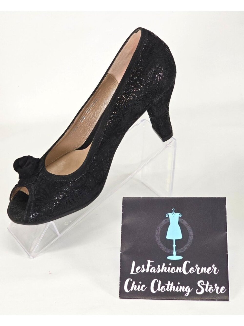 BeautiFeel Women's Black Spark Suede Glasgow Open-Toe Pump Size 7.5 2115 - Picture 15 of 16